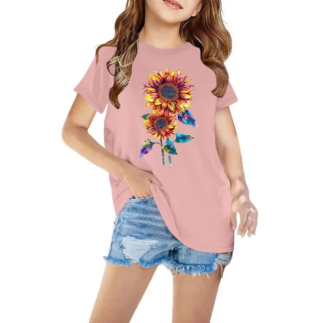 Shorts pour Filles, Robe à Manches Courtes, T-Shirt en Coton pour Enfants Garçons Filles Mode Mignon Col Rond Imprimé Tee Manches Courtes
