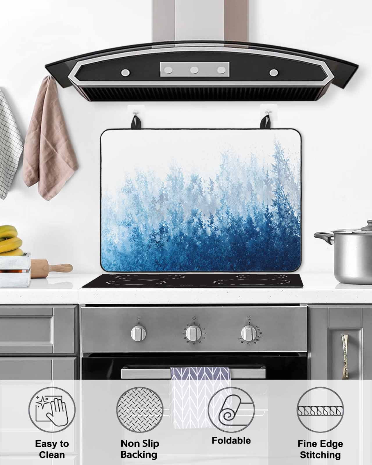 nqOlkjepod Large Induction Cooktop Protector Mat 28.5"x20.5", Blue Botanical Stove Top Covers for Electric Stove, Spring Summer Farmhouse Retro Watercolor Stove Burner Cover Mats Stove Cover