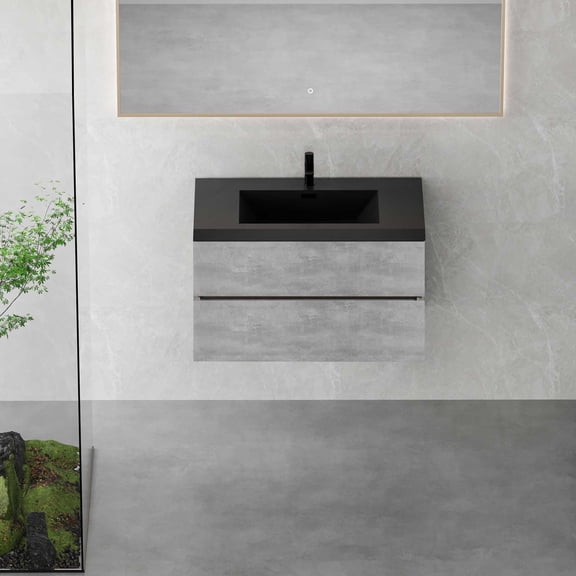 BARONAGE 36" Floating Bathroom Vanity with Single Sink, Wall-Mounted Bathroom Storage Vanity Cabinet with Black Quartz Sand Top Basin and Soft Close Drawers, Cement Grey
