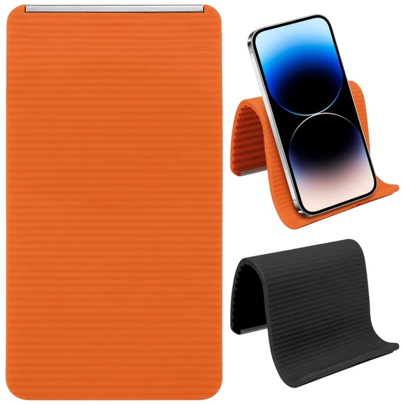 2 Pcs Foldable Silicone Phone Holder, Bendable Phone Holder for Desk, Multi-Angle Adjustable Mobile Phones Stand for Airplane Travel Bed, Black and Orange