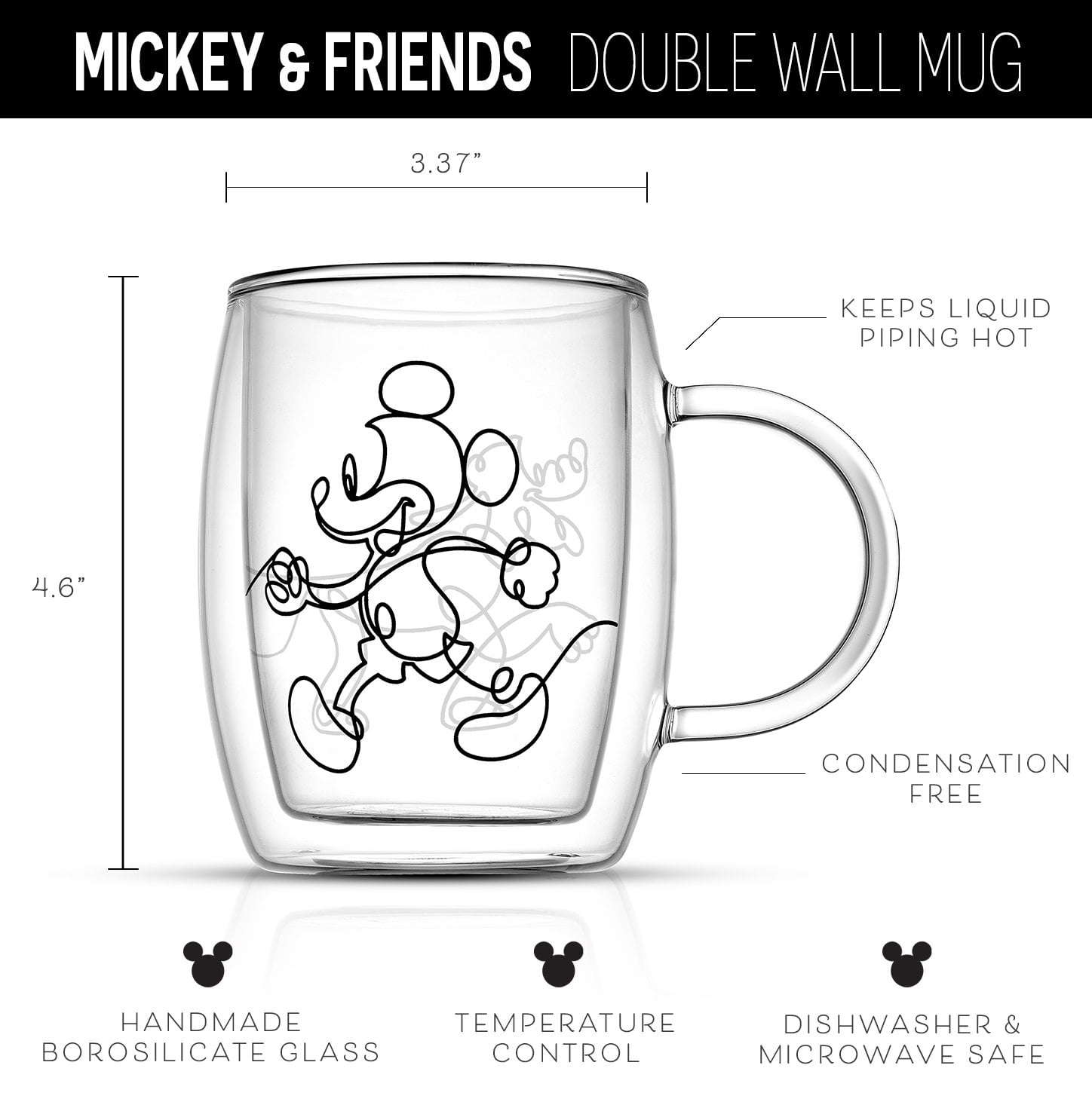 Disney Mickey Mouse & Pluto Aroma Glass Coffee Mugs - 13.5 oz - (Set of 2) Double Wall Insulated Large Glass Tea Cup with Handle