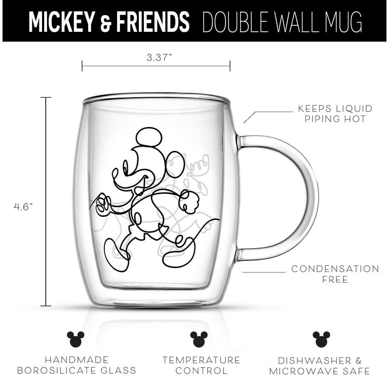 JoyJolt Disney Mickey Mouse 3D Coffee Cups 10oz. Glass Cups Set of 2  Insulated Double Wall Glass Coffee Cups with 3D Design. Insulated Coffee  Cup Set.