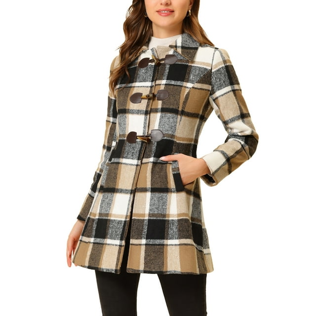 INSPIRE CHIC Women's Turn Down Collar Plaid Toggle Duffle Long Overcoat M Brown