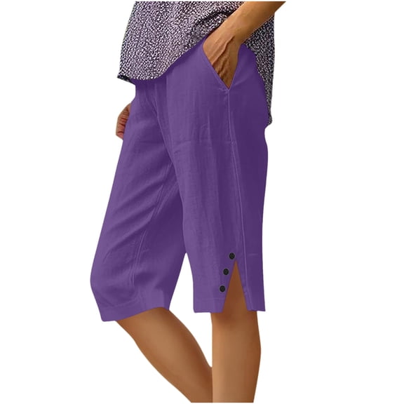 Luvrsol Plus Size Linen Pants Women Summer Casual Solid Straight-Leg Shorts with Pockets and Side Slits S-5XL