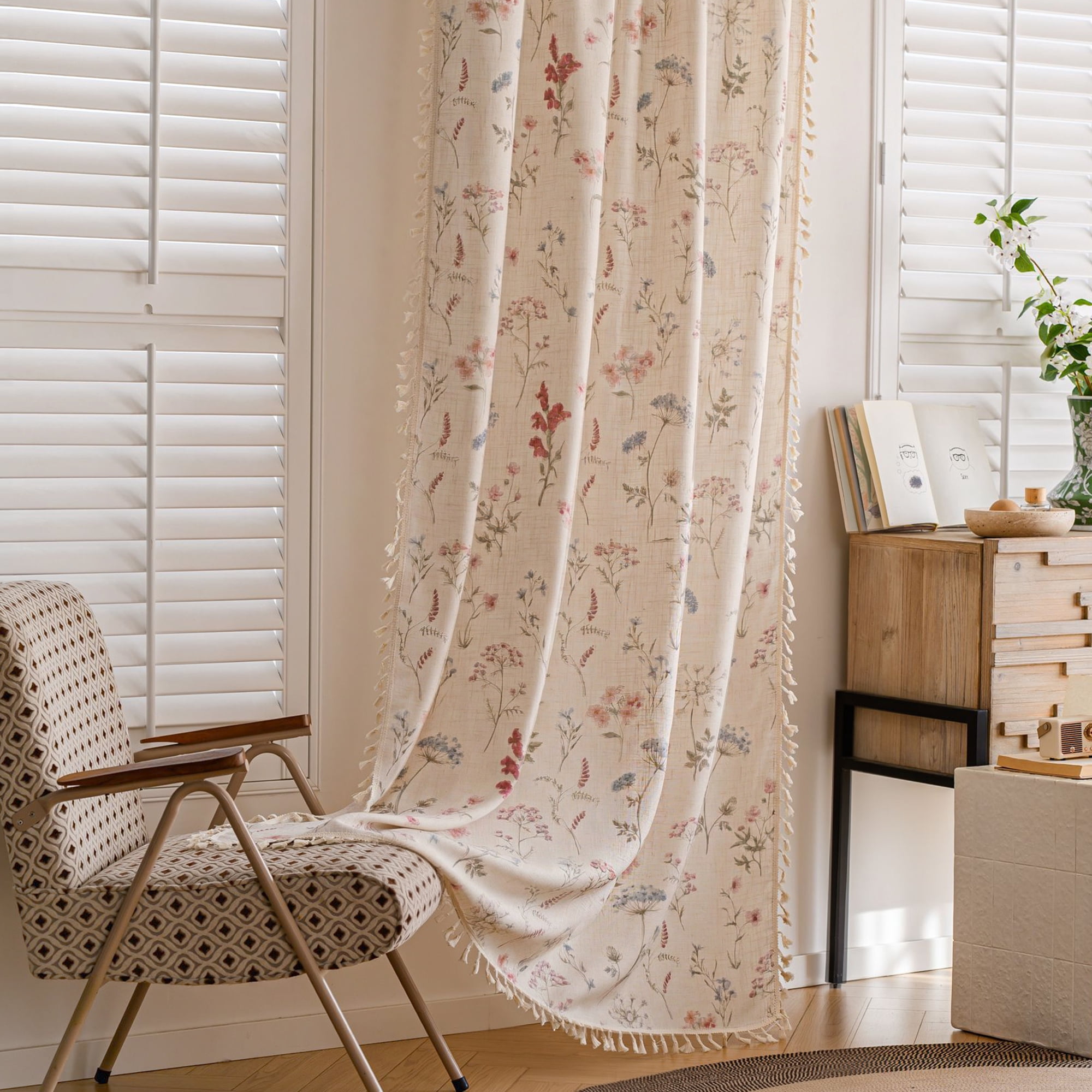 Seasonwood Floral Curtain for Living Room, 108 Inch Farmhouse Semi-Blackout Curtain,1 Panel,Beige,52" x 108"