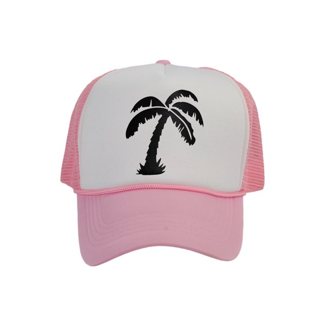 Men's Palm Tree Cap Snapback Trucker Hat, White/Light Pink