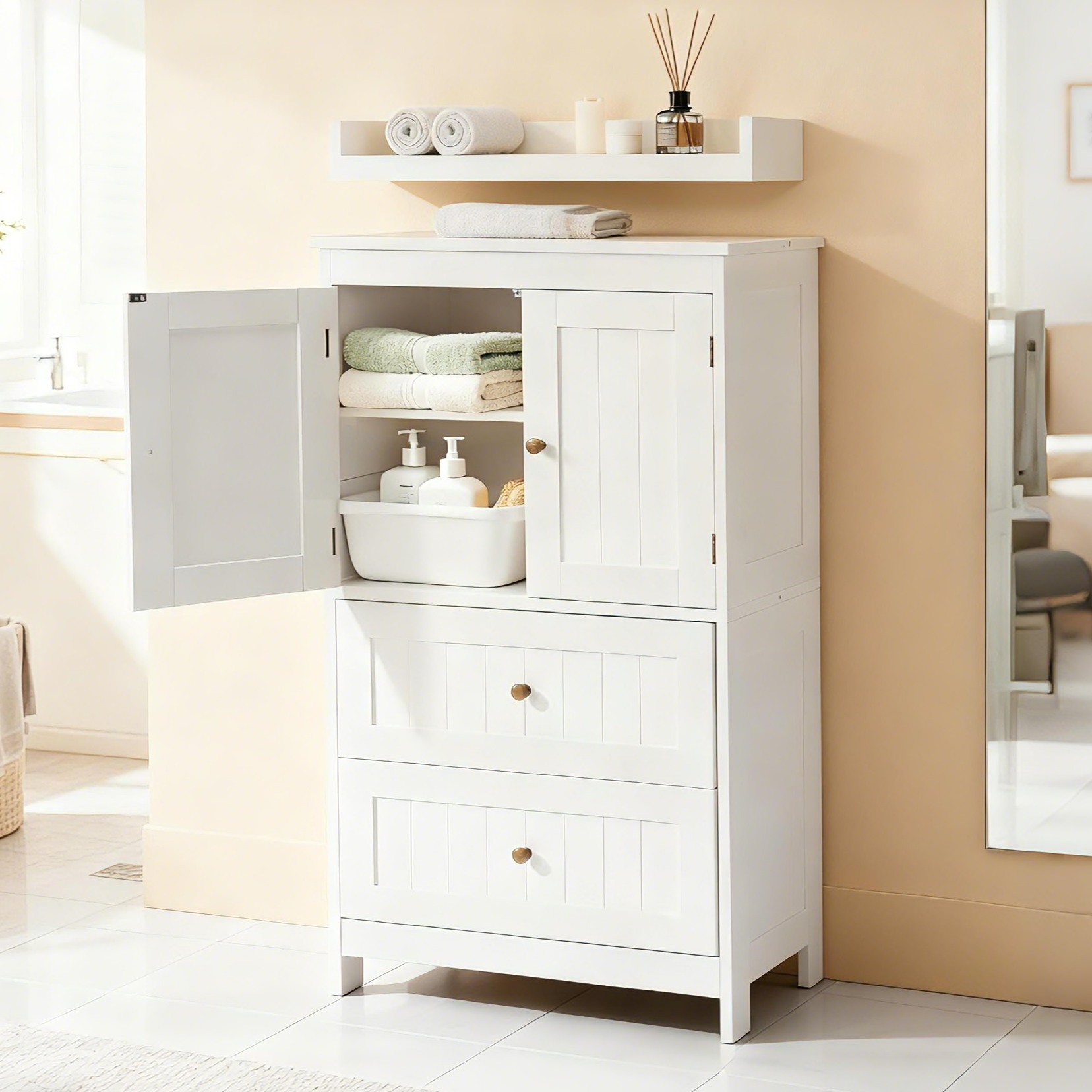 Ktaxon Bathroom Floor Storage Cabinet, Freestanding Cabinet with 2 Doors 2 Drawers, Adjustable Shelves, White