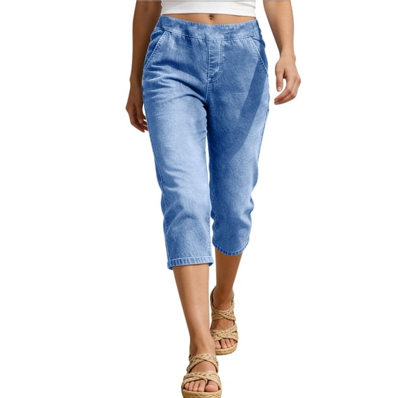 Bosfbaoi Capri Jeans for Women Trendy Pull On Elastic Waist Low Rise Stretchy Straight Leg Denim Capris Pants