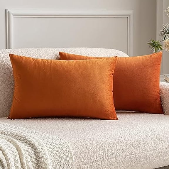 Eryueer Velvet Soft Soild Microfiber Decorative Square Pillow Case Throw Cushion Cover for Sofa Bedroom with Invisible Zipper Orange 12"x20",2 Pieces