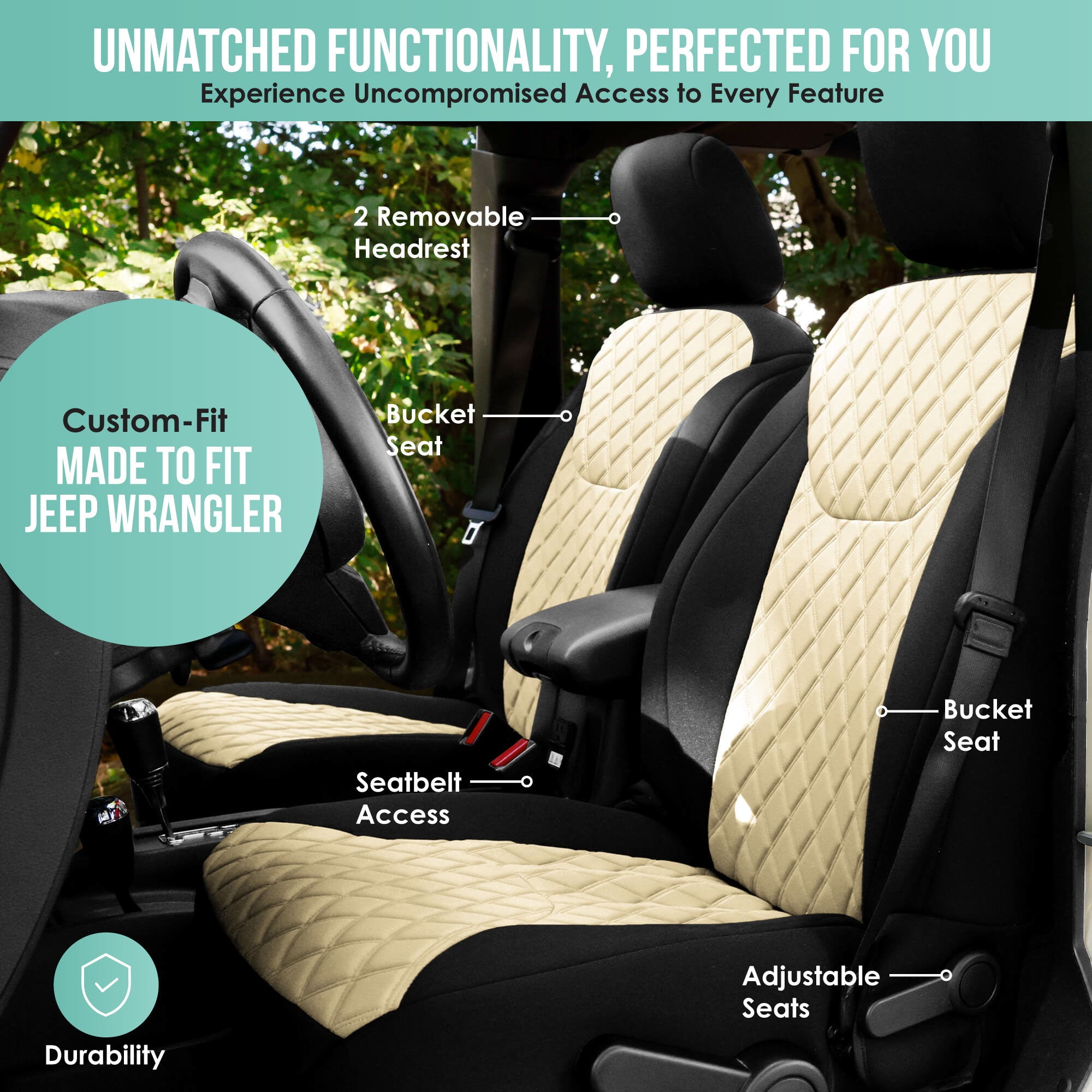 For 2007-2017 Jeep Wrangler JK 2DR FH Group Neoprene Waterproof Custom Fit Car Seat Covers Full Set - Beige