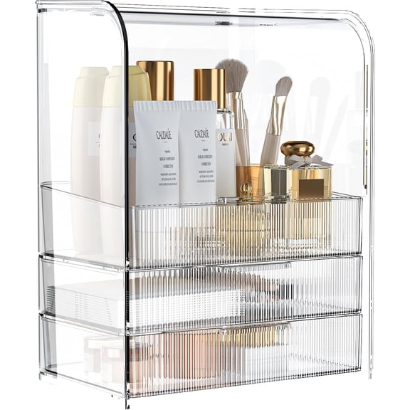 3 Tier Clear Cosmetic Organizer, Makeup Display Case with Lid & Drawers, Countertop Dresser Vanity Storage Box, Beauty Holder for Skincare Lipstick Brush