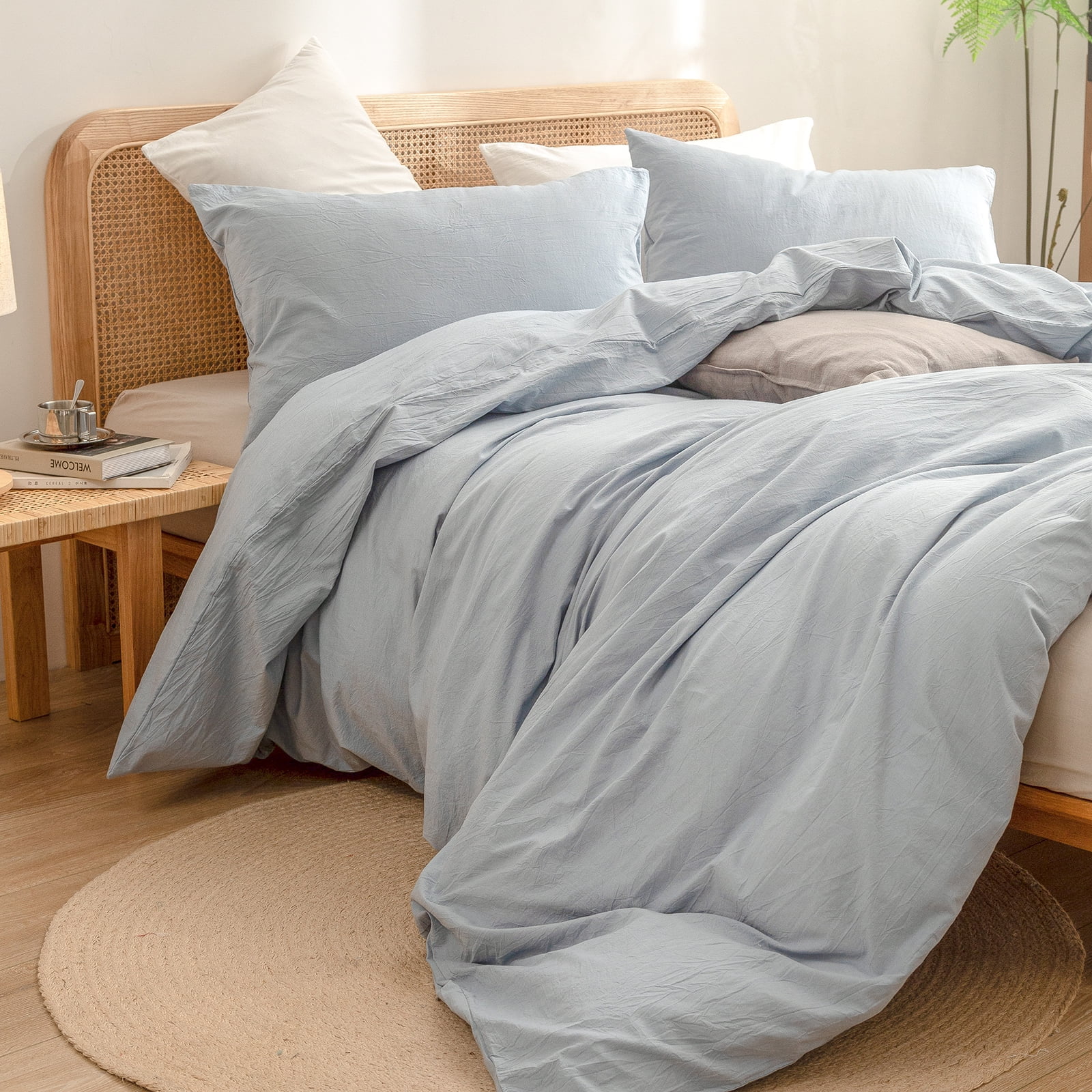 BESTOUCH Duvet Cover Set Twin 100% Washed Cotton Linen Feel Soft Chic Lightweight 2Pcs (Cornflower Blue, 68"x90")