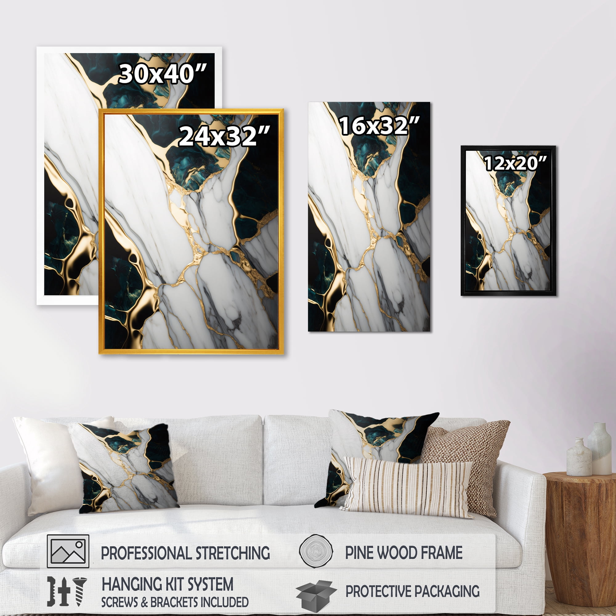 Designart Abstract Geode Gold And Green Marble I Canvas Wall Art