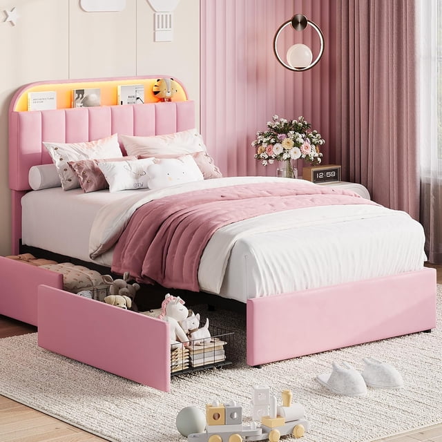 YUSAZENS Twin Size Velvet Upholstered Bed Frame with LED Light, MDF Structure 2 Underbed Storage Drawers, Floor Standing Soft Platform Bed No Box Spring Needed, Pink