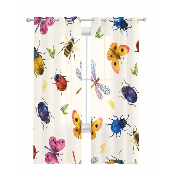 Cute Butterfly Dragonfly Sheer Curtains 84 Inch Length 2 Panels Set for Living Room/Bedroom, Farmhouse Botanical Floral Beige Kitchen Curtains Grommet Semi-Sheer Curtains Window Treatments 42"x84"x2