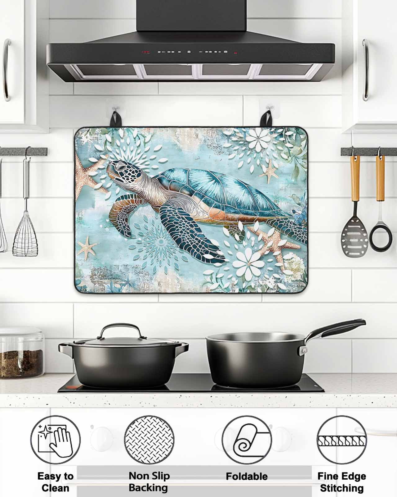 Stove Top Covers for Electric Stove, Sea Turtle Coastal Glass Stovetop Cover Protector, Vintage Teal Nautical Beach Botanical Induction Cooktop Protector Oven Mat for Kitchen Countertop 24"x21"