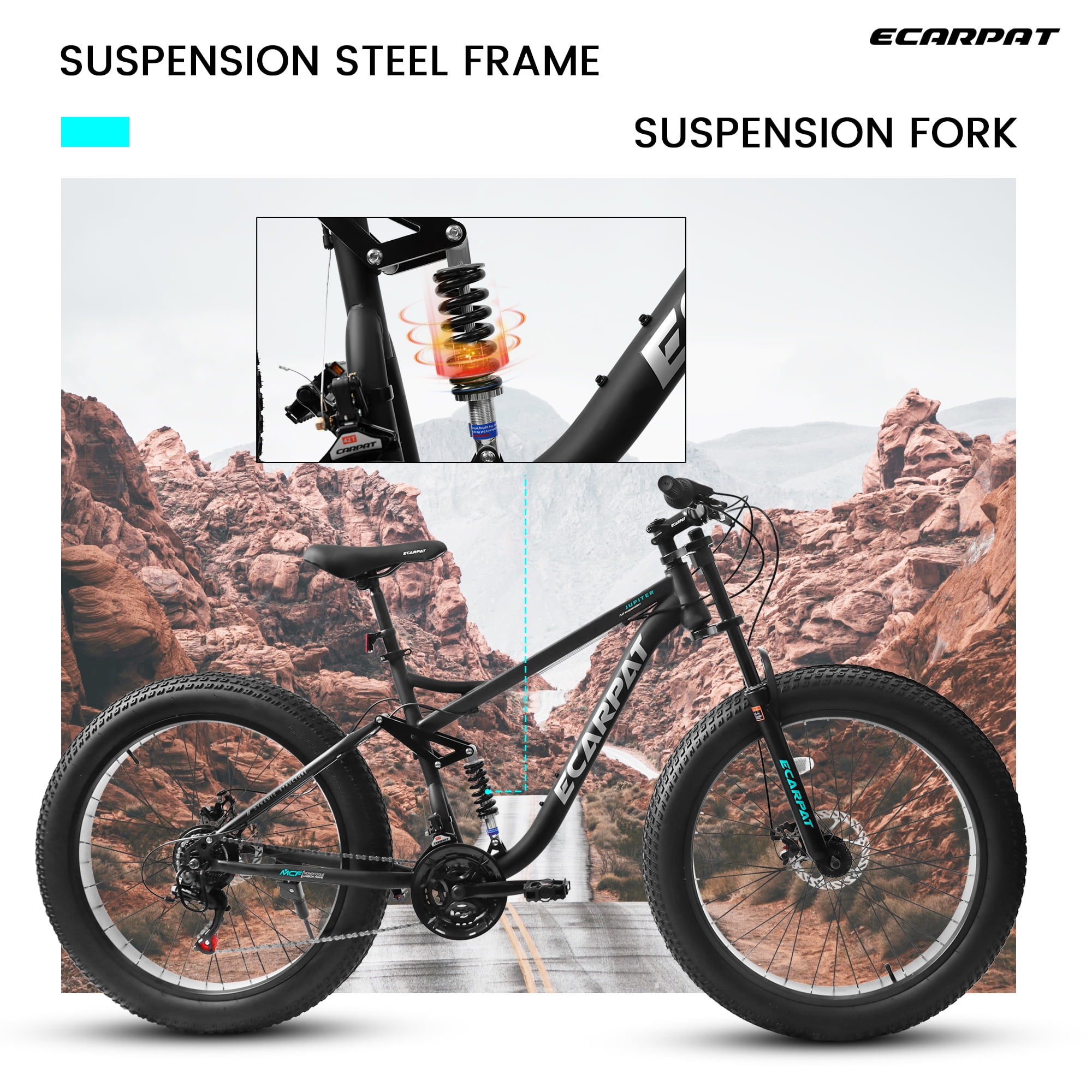 26 Inch Fat Tire Mountain Bikes for Adults, Full Suspension 21 Speed Mountain Bicycle, 4-Inch Wide Fat Tire for Mens Womens Bicycles, Black