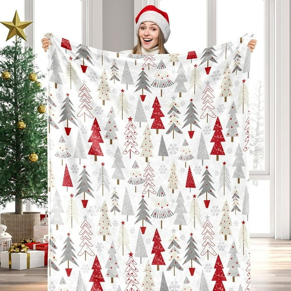 Christmas Throw Blanket Gray Red Xmas Tree Fuzzy Blanket Decorative Soft Cozy Flannel Blanket for Christmas Holiday Home Bed Sofa Couch Chair, 50 x 60 Inch