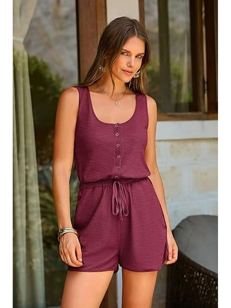 Prettygarden Women's Summer Casual Shorts Jumpsuit Plain Scoop Neck Button Down Sleeveless Tank Top Rompers with Pockets, Size: XL, Red
