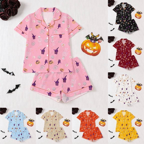 Tisuna Halloween Pajamas Set For Kids Girls Comfort Fit Skeleton Print Short Sleeve Tops And Shorts Sleepwear Toddler And Teens Children Festival Party Homewear Set Size 3-4 Years Brick Red