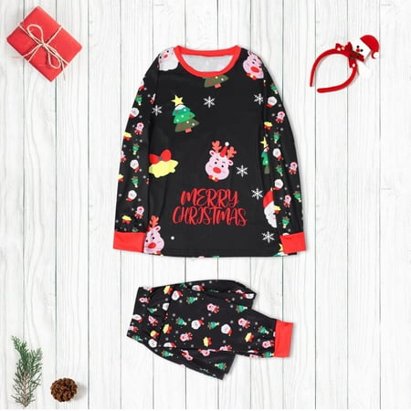 

Christmas Gifts Matching Family Pajamas Sets Christmas Tree And Santa Print Top And Plaid Pants Sleepwear for Mom Imitation Cotton Black L