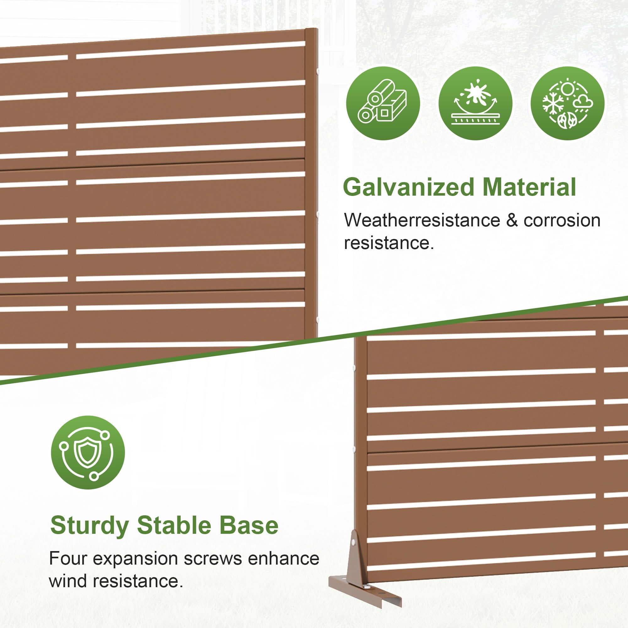 MAYEERTY 2-Piece 72"x47" Privacy Screen, Brown 6-Panel Galvanized Steel Louvered Fence, Wide-1 Narrow-2, Freestanding for Patio Backyard