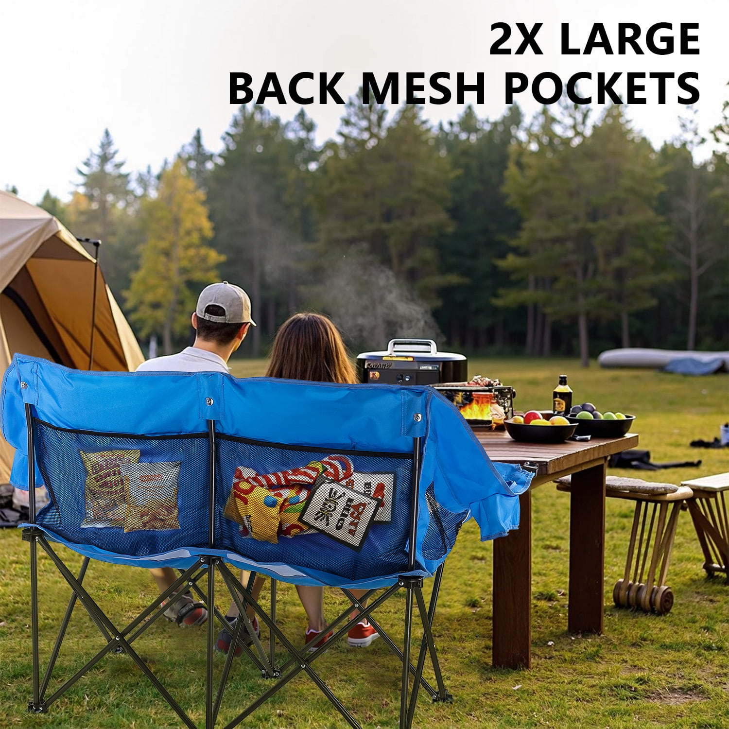 BOSSIN Double Oversized Camping Chairs for Adults,Folding Loveseat Camping Couch Support 440lbs with Back Pocket