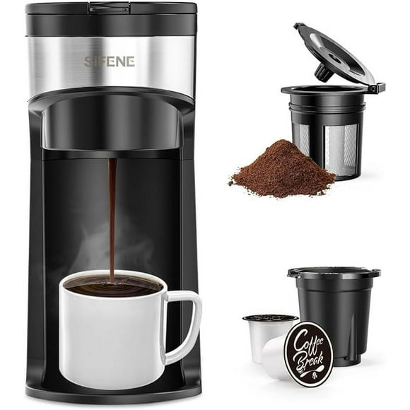 SIFENE Mini cafetera instantánea de una sola porción, una taza para K Pod y café molido, máquina de café en cápsulas con ventana de agua y recordatorio de descalcificación (negro)