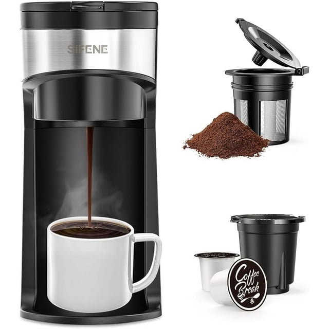SIFENE Mini cafetera instantánea de una sola porción, una taza para K Pod y café molido, máquina de café en cápsulas con ventana de agua y recordatorio de descalcificación (negro)