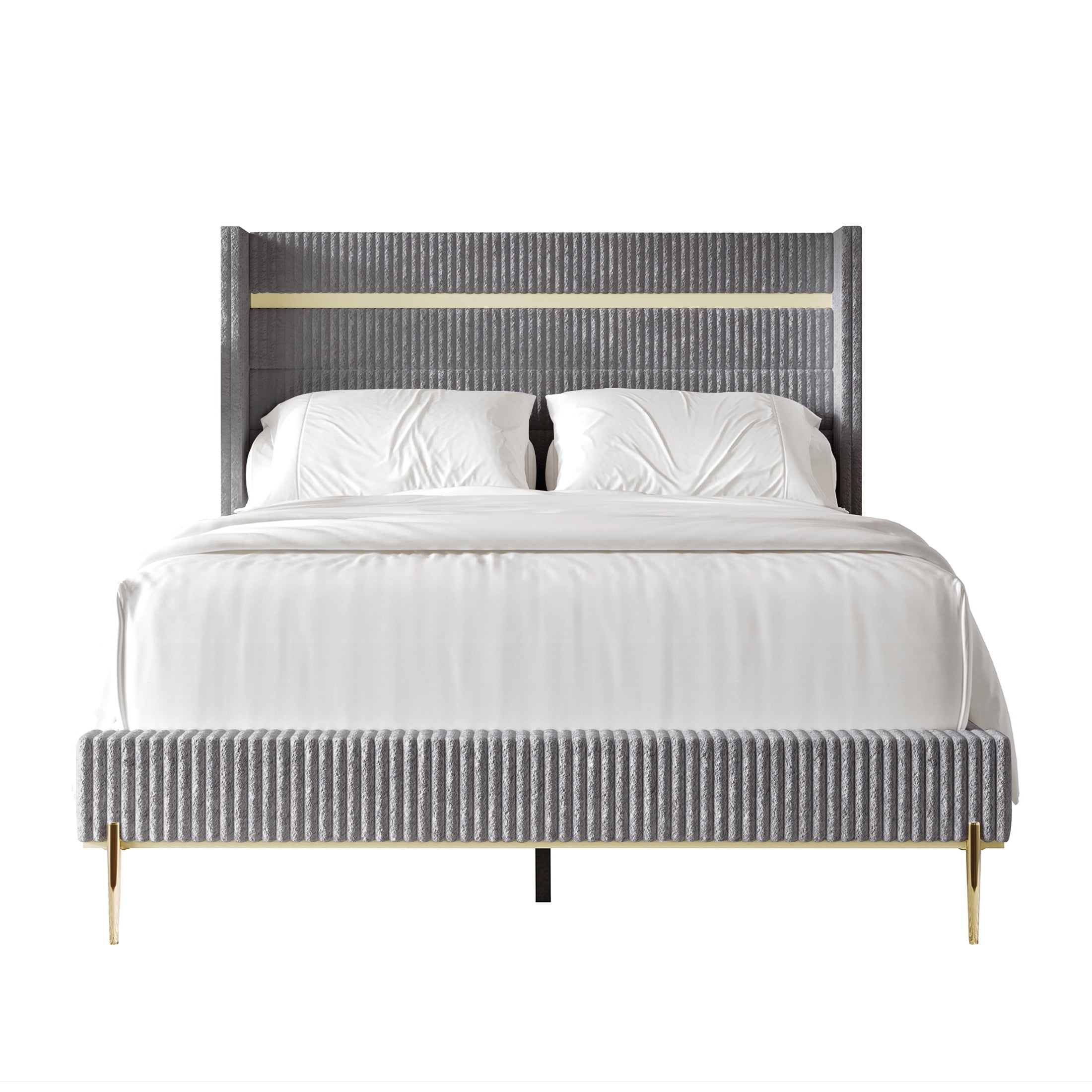 Castle Place Corduroy Gold PU Strip Wingback Upholstered Queen Bed, Grey