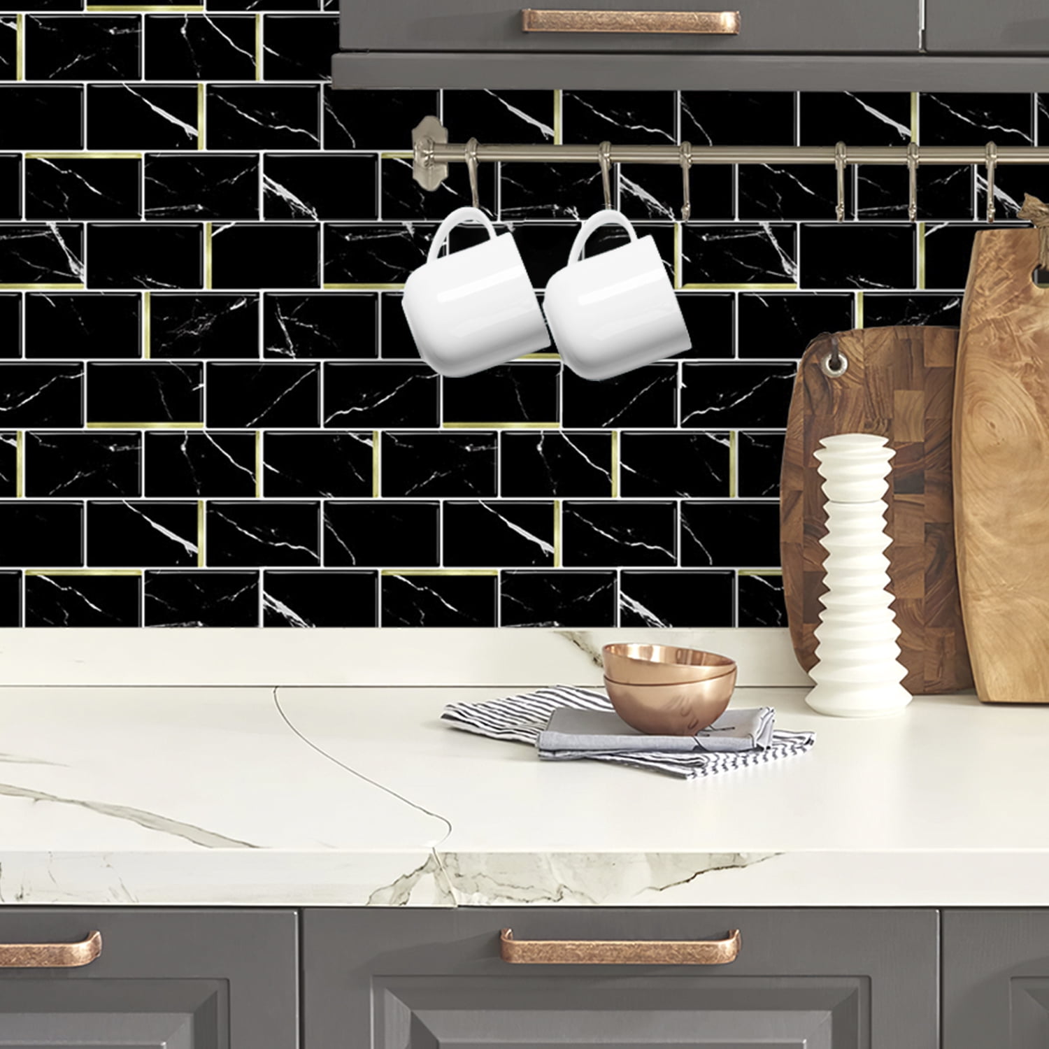 Dcor WOW 41006  Peel & Stick Backsplash, (8) 12x12-inch Sheet Covers 8 Sq Ft, Black Marble Subway Back Splash Tile Gold Accent