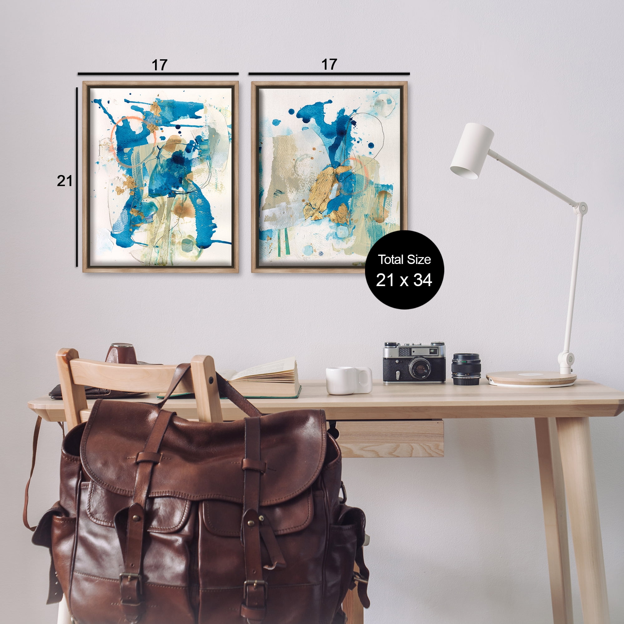Stupell Industries Abstract Blue Gold Splash Abstract Painting Brown Floater Framed Canvas Art Print Wall Art, 17 x 21, Set of 2