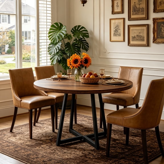 Fnova Round Dining Table for 4 People, Modern Kitchen Table with Sturdy Metal Frame, Small Space Circular Dinner Table for Living Room, Apartment, and Breakfast Nook