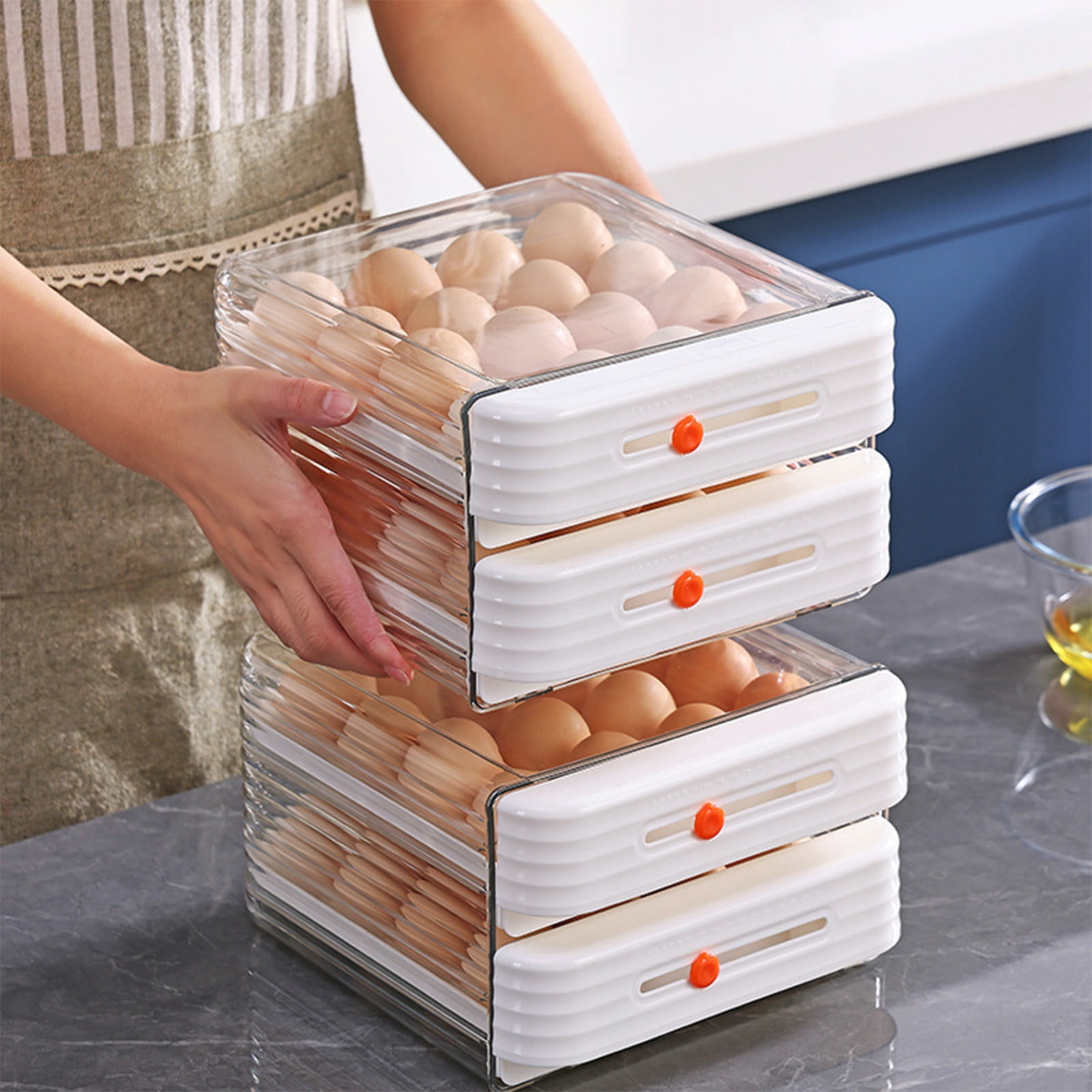 GSKKLQ 2-Tier Egg Storage Container, Fridge Organizer with Drawer Design, Stackable Plastic Egg Tray, Kitchen Refrigerator Essential