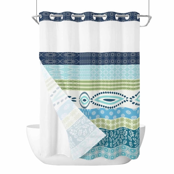No Hook Blue Green Geometric Shower Curtain with Snap in Liner Set, Boho Vintage Country Flowers Leaves Waterproof Fabric Bathroom Curtains with See Through Top Window, Hotel Style Stall 48 x 72 Inch