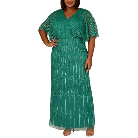 Adrianna Papell Plus Size Hand-Beaded Flutter-Sleeve Gown