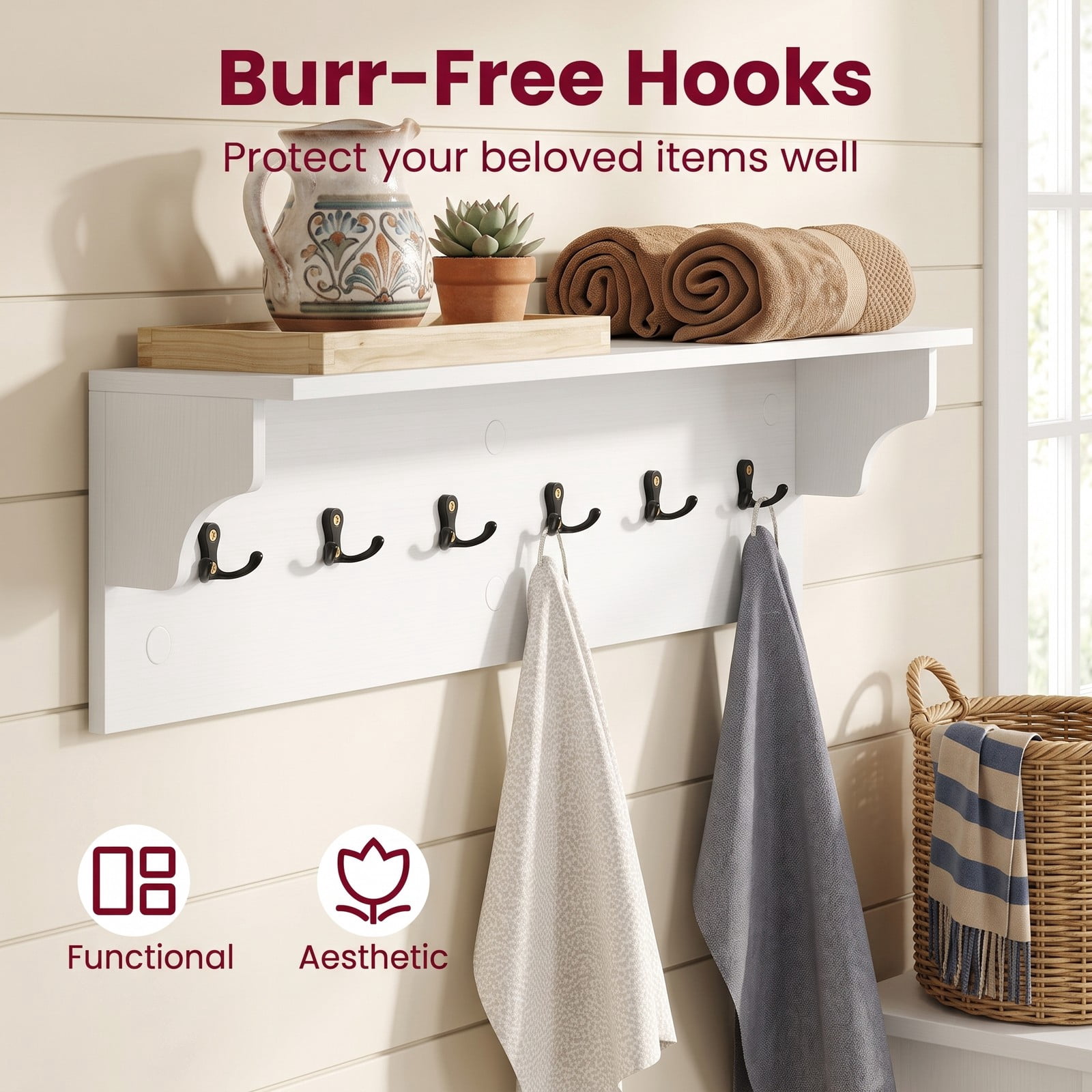 Furnibear Wall Mounted 31.5 inch Wooden Coat and Hat Rack with Top Shelf and 6 Hooks for Hats Towels Purses and Robes, White