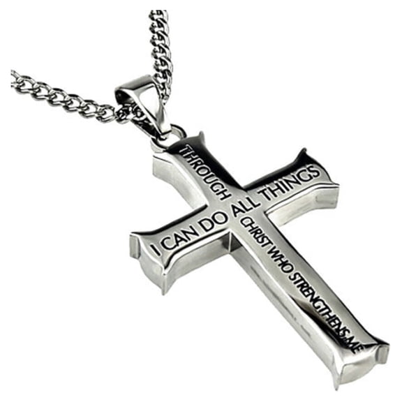 Philippians 4:13 Jewelry Cross Necklace STRENGTH Bible Verse Stainless Steel Curb Chain