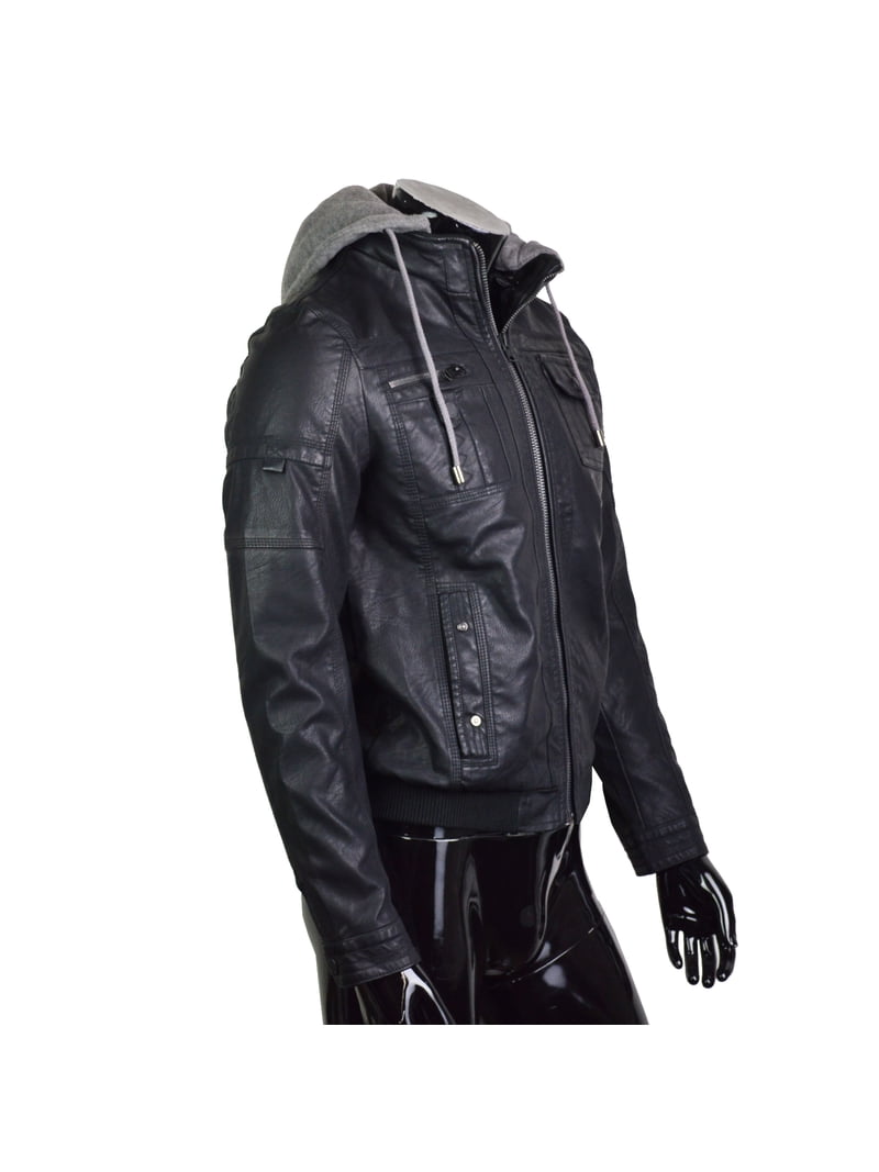 Men's Faux Leather Hooded Motorcycle Bomber Jacket with Removable