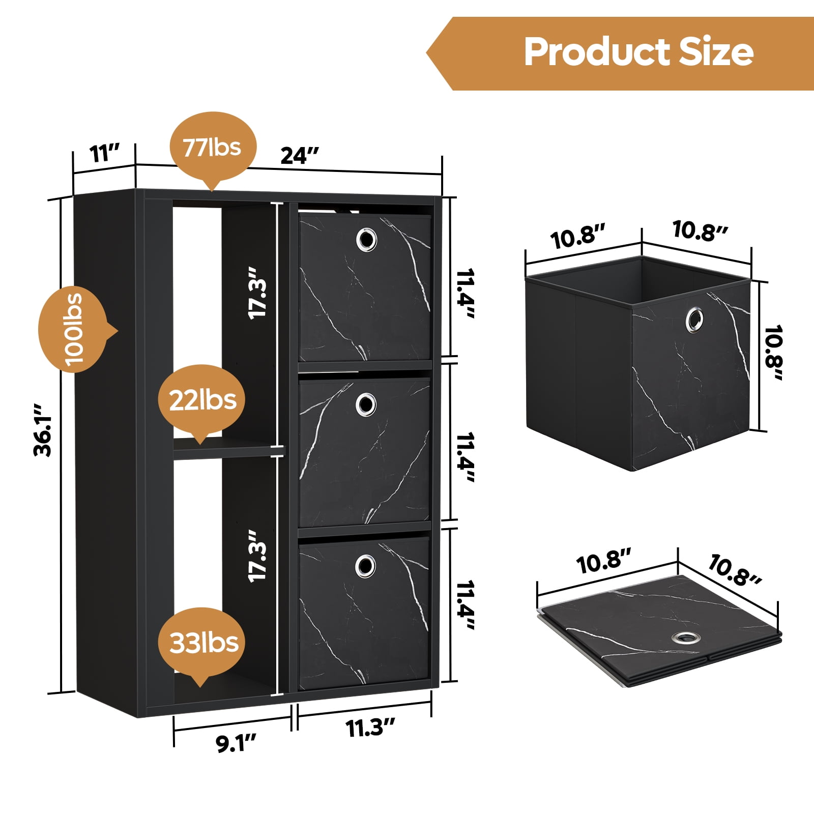Pinmoco 5-Cube Kid's Bookshelf LED Toy Storage Organizer with Three Marbled Fabric Drawers for Playroom Storage, Black
