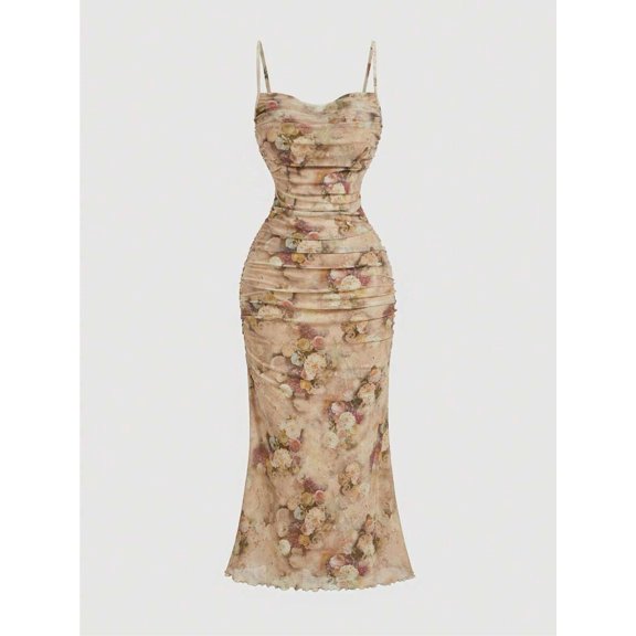Women's Floral Ruched Bodycon Cami Midi Dress, Spring Summer Elegant Vacation Party Dress