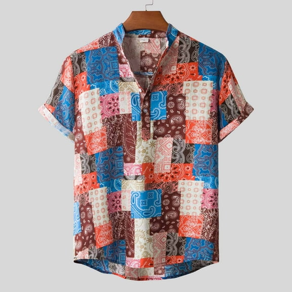 QUINDOS Button Down Hawaiian Button up Shirt Short Sleeve Summer Casual Shirts Vacation Beach Loose Tropical Print Vintage Shirts