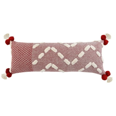 Laddha Home Designs 36" Red and Cream Zeal Pom Lumbar Throw Pillow