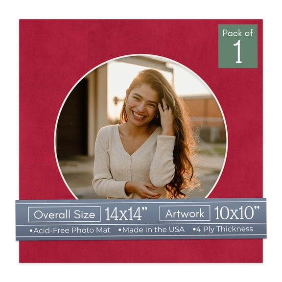 Red Suede Picture Frame Mat for 14x14 Frames - Circle Opening for 10x10 Photos - 1 Mat