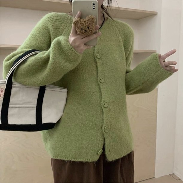 Cárdigan de punto suave de estilo coreano, ropa de abrigo holgada para mujer, otoño e invierno, nuevo estilo perezoso, cuello redondo, chaqueta de suéter suave y encerado para mujer
