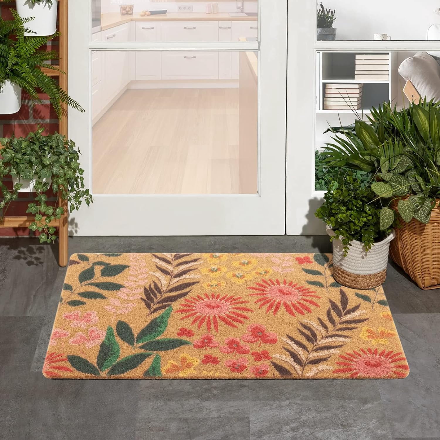 Artificial Coir Doormat with Non-Slip Backing for Indoor and Outdoor 17 x 30 inch Front Door Welcome Mat Spring Summer Seasonal Doormat, Blossom