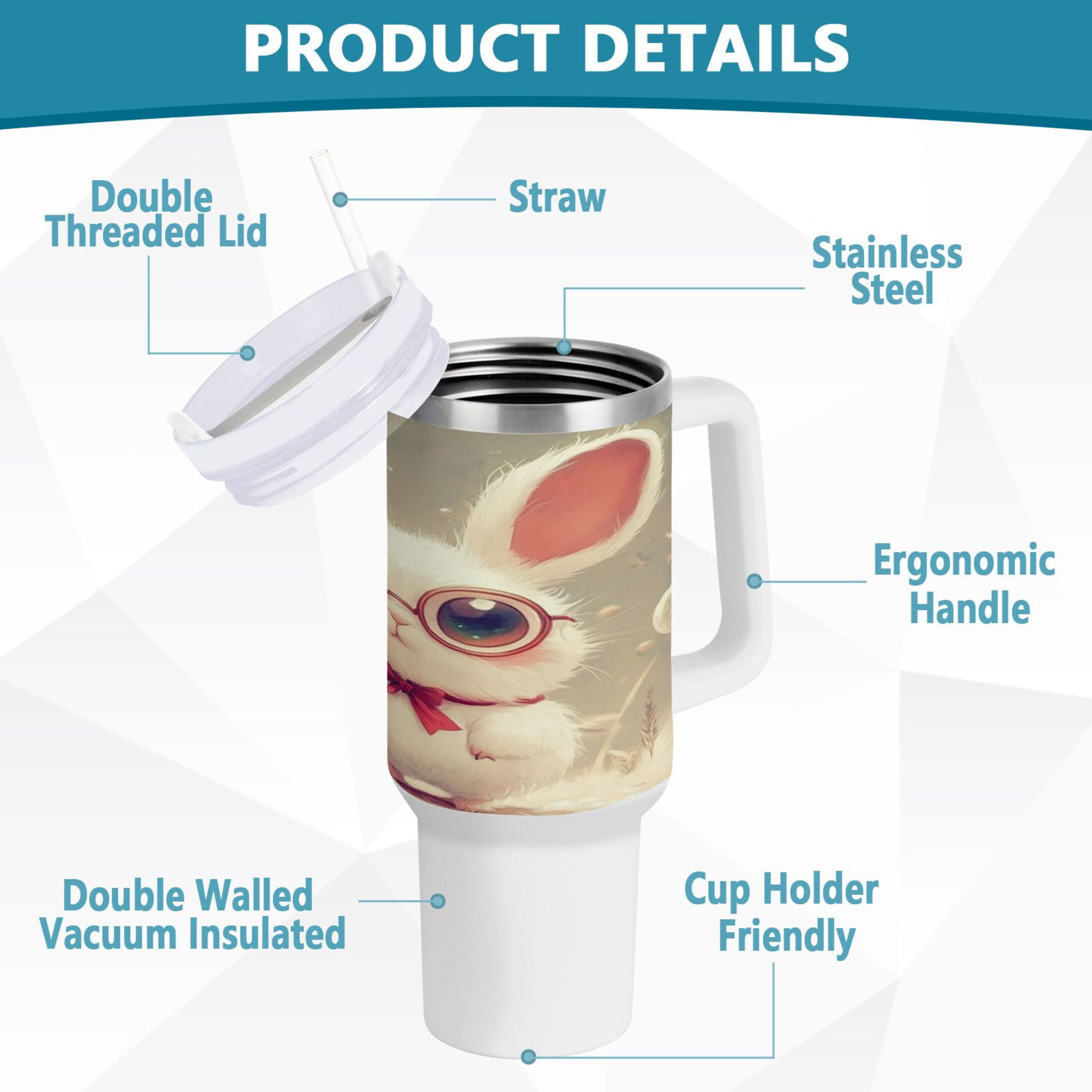 40 Oz Car Handle Water Bottle Water Cup Water Bottle Water Jug Coffee Cup Travel Water Bottle Cartoon Rabbit with Glasses