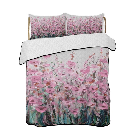 Quilt King Size Bedding Set, Pink Flowers Reversible Summer Quilt 3 Pieces, Abstract Watercolor Floral Plant Lightweight Bedspreads Coverlets with 2 Pillow Shams for All Seasons