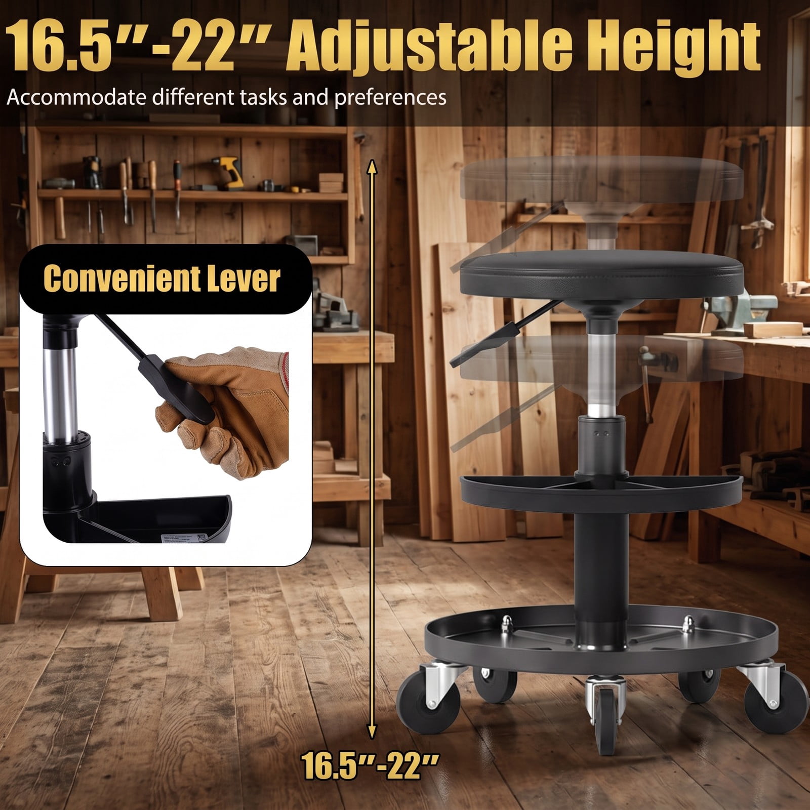 Furnibear Rolling Mechanic Stool with Wheels, 16.5-22 in Adjustable Height Swivel Shop Stool, 2-Tier Tool Trays, PU Leather Padded Seat, 360 Degree Casters, 265, Black