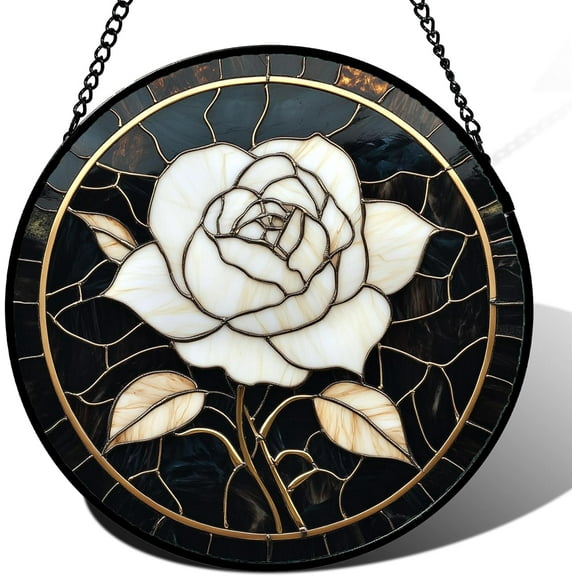 Stained Glass Window Hanging - Black Gold White Rose Sun Catcher for Door Home Decor Flower Suncatcher Christmas Mother's Day Birthday Gifts for Women Men Lovers Mom Nana